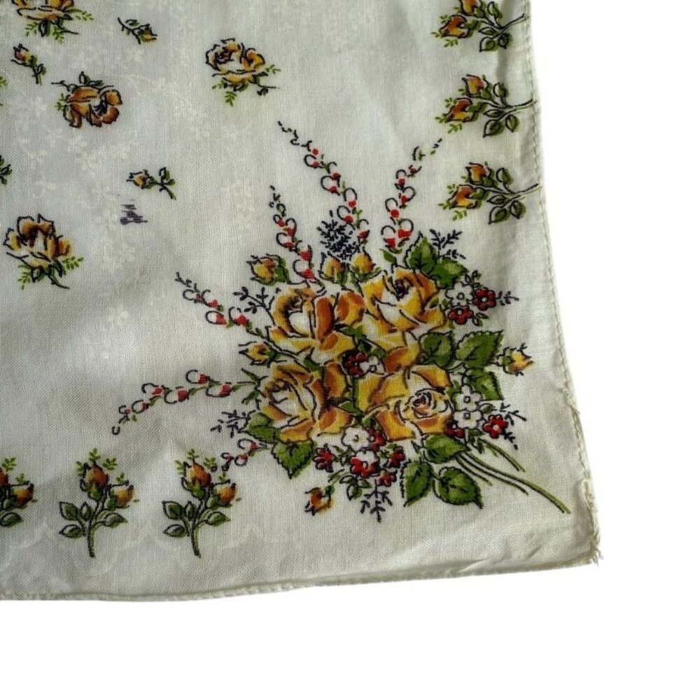 Vintage Womens Floral Handkerchief Yellow Roses  Delicate Green Accents Cotton B - Picture 4 of 10